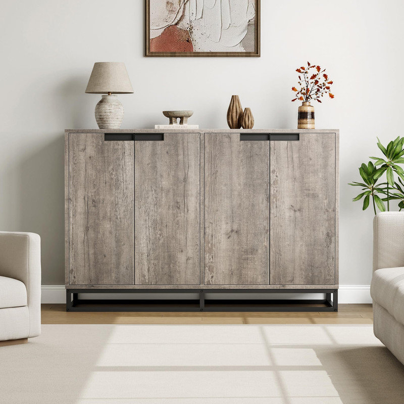 Armoire de rangement 55 po avec base en métal, 4 portes et tablettes - Unité de café en gris pour la cuisine, la salle à manger ou le salon