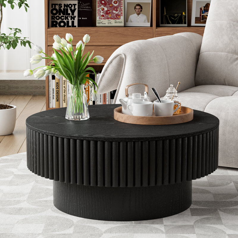 Round Drum Coffee Table with Storage, 14" H x 31.5" W x 31.5" D, Black