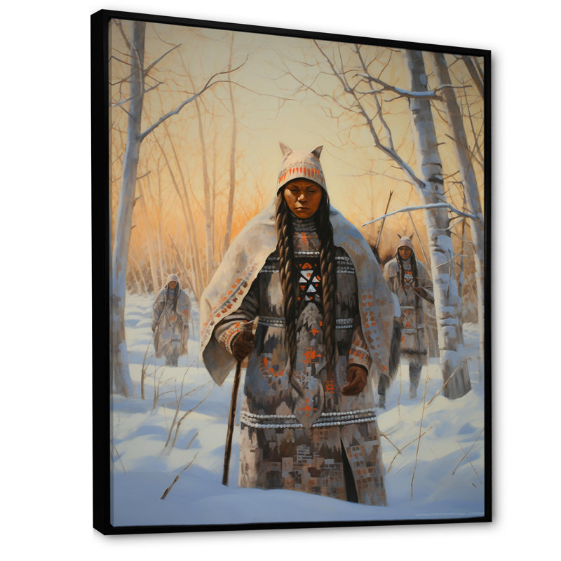 Native Winter Traditional Warrior I sur impression sur toile, Cadre flottant noir, H 32 po x l 16 po x P 1 po