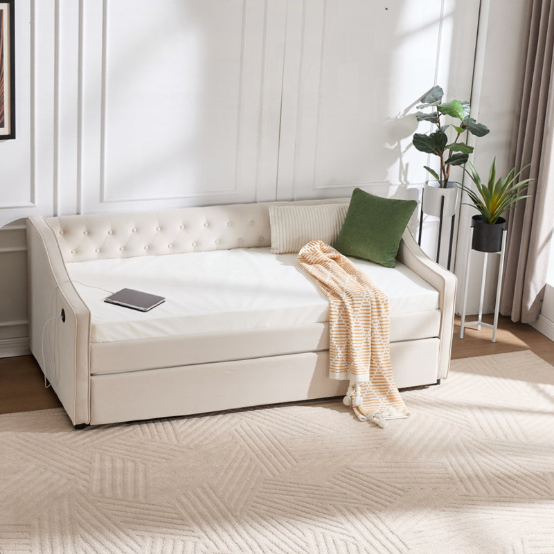 Twin Size Upholstered Daybed with Trundle, USB Port, Side Pockets, and Velvet Fabric for Comfort and Style, Beige
