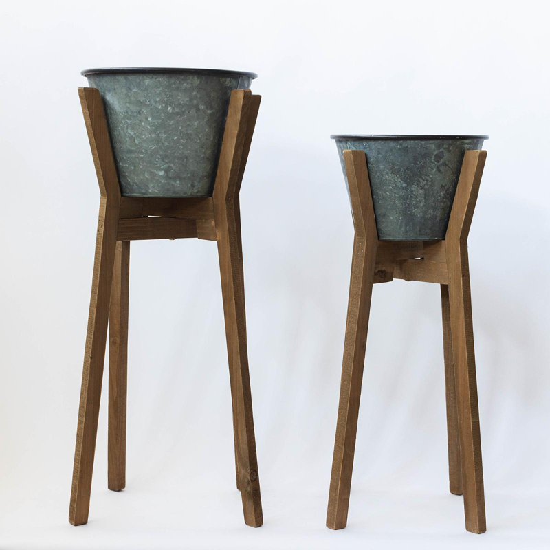 Ensemble de 2 pots en métal sur pieds en bois