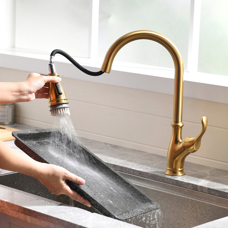 Robinet de cuisine doré avec fonction extractible - Conception à arc élevé pour une cartouche en céramique facile à utiliser et un fonctionnement en douceur