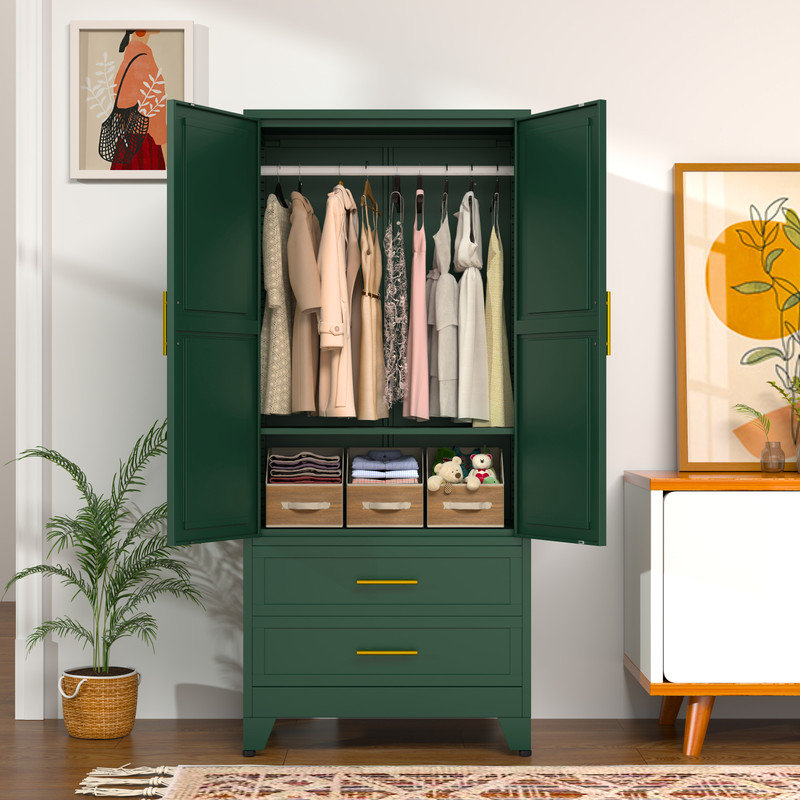 Green Metal Freestanding Wardrobe Armoire with Drawers and Hanging Rod