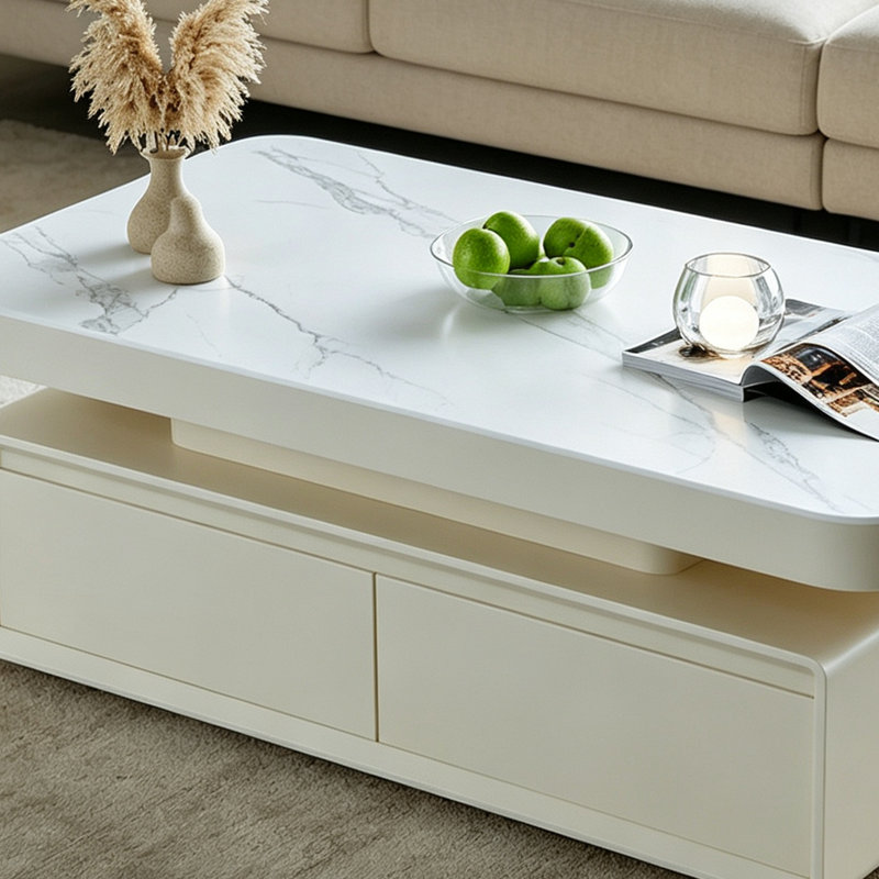Table basse moderne avec tiroir de rangement pratique, 17.71" H x 43.3" W x 23.62" D, White; Grey/Black; Cream, Marble