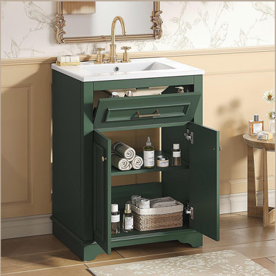 Meuble-lavabo 24 po avec lavabo en céramique intégré, armoire de salle de bain avec 2 portes et 1 tiroir basculant