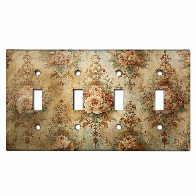 Couvercle de plaque d'interrupteur en métal; Bascule florale damas 4 tailles US standard, #4 Quad Toggle