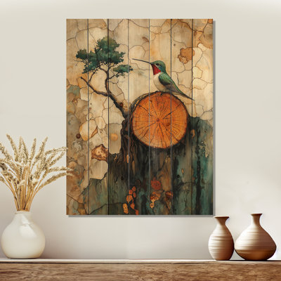 Abstract Hummingbird Fluttering Grace I - Hummingbird Animal Wood Wall Decor - On Natural Pine Wood