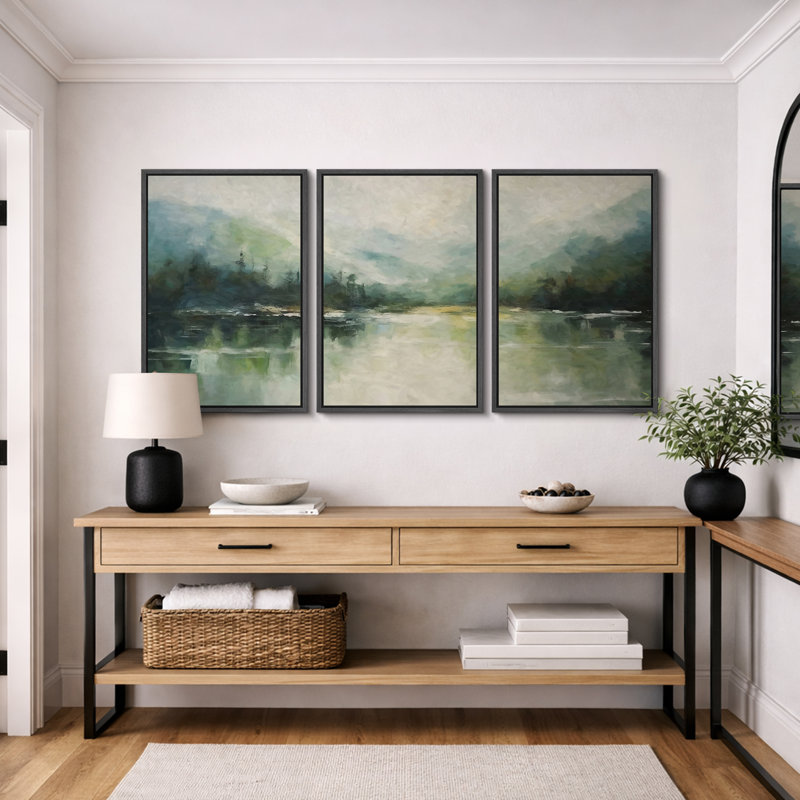 Abstract Landscape "Emerald Green Mountain Lake Nature Artwork, Modern Minimal Aesthetic Wall Pictures, Framed Canvas Giclée Print 3 Pieces Wall Art"