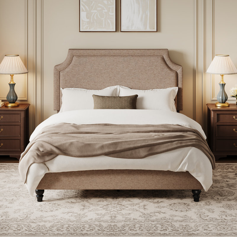 Lit tapissier en chenille moderne avec tête de lit réglable et pieds en bois massif, Lit double, Avoine