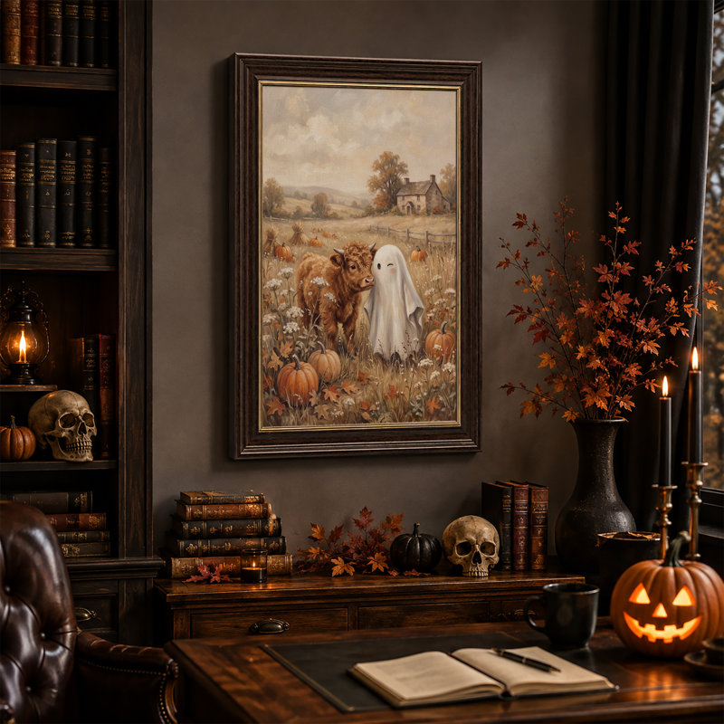 Toile d'Halloween Highland Cow and White Ghost in Pumpkin Patch, H 24 po x l 16 po