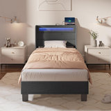 Dimtry Upholstered Bed with Headboard, LED Lights and USB Power Strips