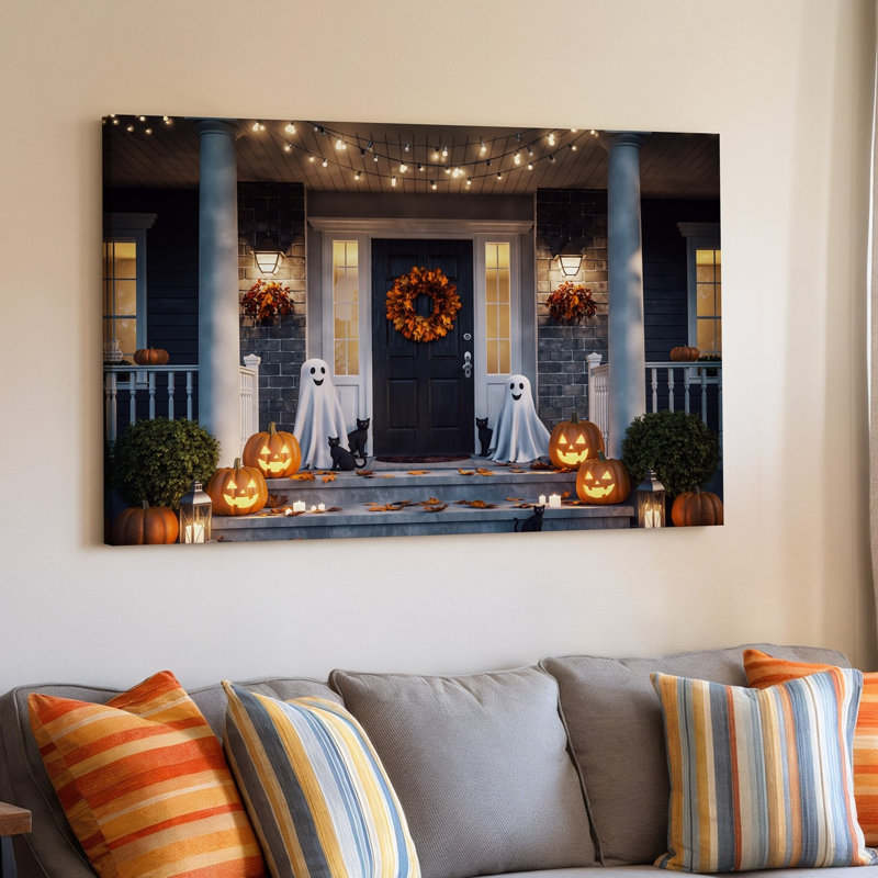 Toile, une scène d'Halloween douillette avec un charmant porche orné de lanternes Jack O, H 9 po x l 12 po