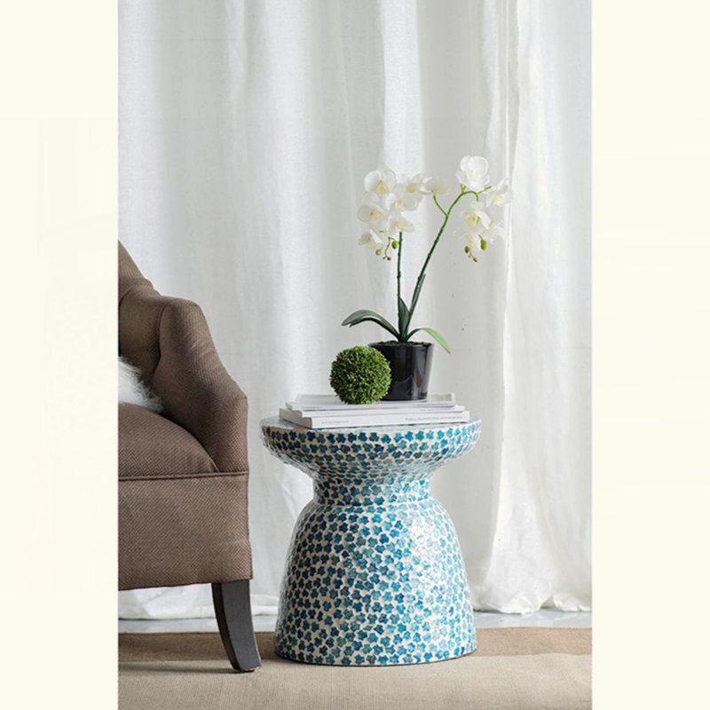 D15x16" Capiz Garden Stool Small Side Tabel, Blue Accent Round End Table