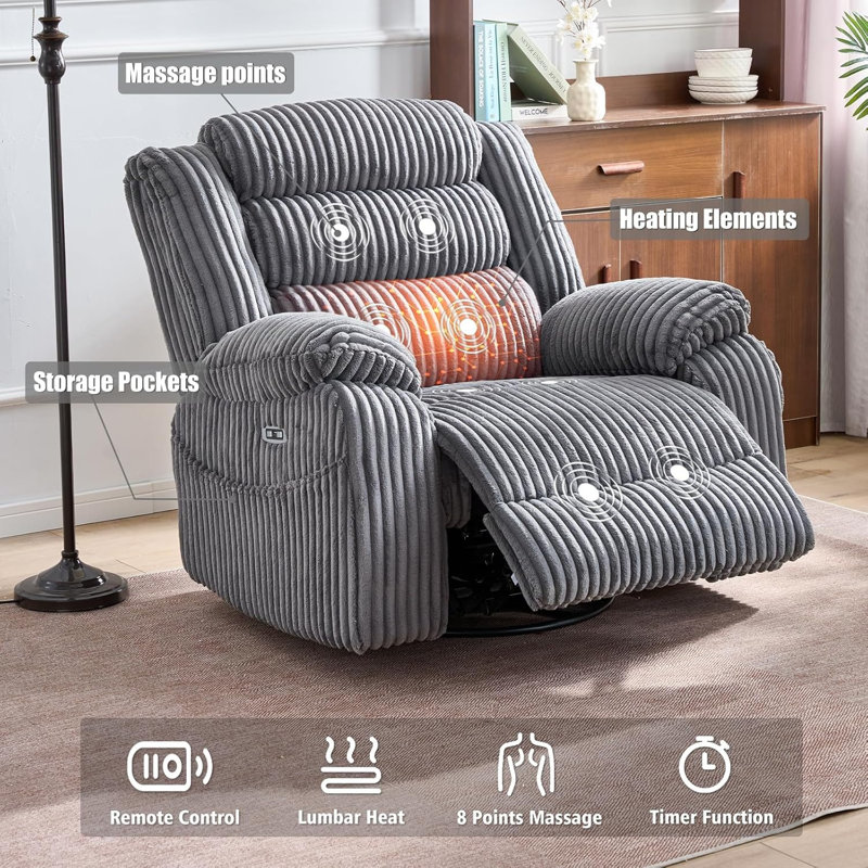 Fabric Recliner With Dual Charging Options, 270° Rotation, 160° Flat-Laying Function, Built-In Massage & Heating Feature - Fall/Winter Style - Boxed Set