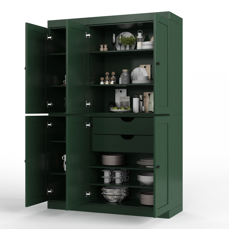 Garde-manger 100% bois massif 48,5 po avec portes Shaker, 2 tiroirs et tablettes réglables, Vert
