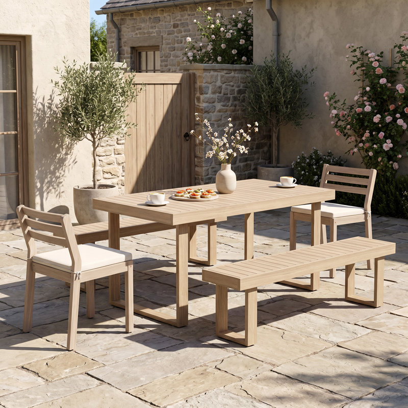 Ensemble de salle à manger en bois d'acacia massif avec bancs et chaises, 5 pièces: table, 2 chaises, 2 bancs