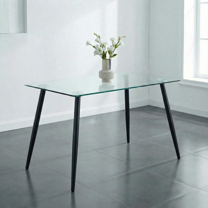 51 Inch Modern Minimalist Glass Dining Table For 4 To 6 With Tempered Glass Top And Black Metal Legs, Black