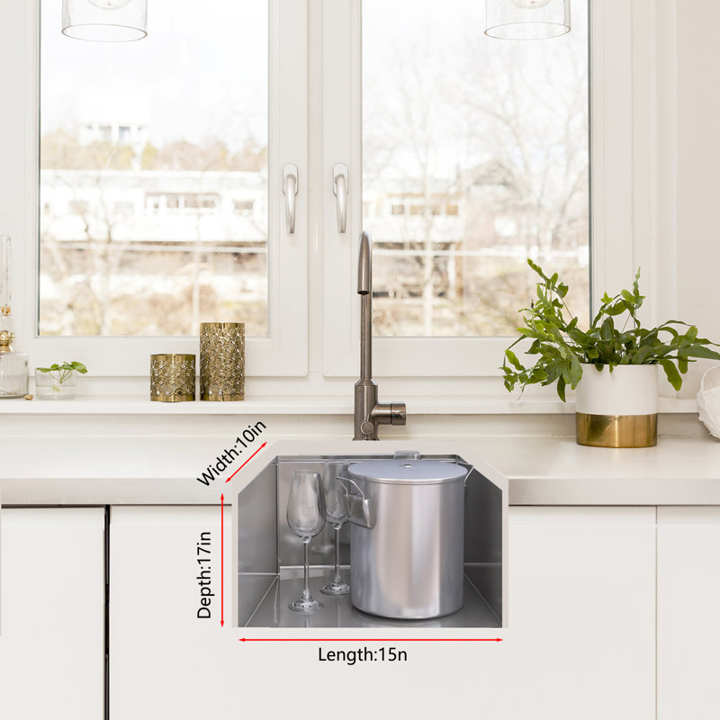 Lavabo de cuisine encastré à cuve simple de 15 po GarveeHome, en acier inoxydable de calibre 16, compact, polyvalent, facile à drainer et à faible bruit avec accessoires