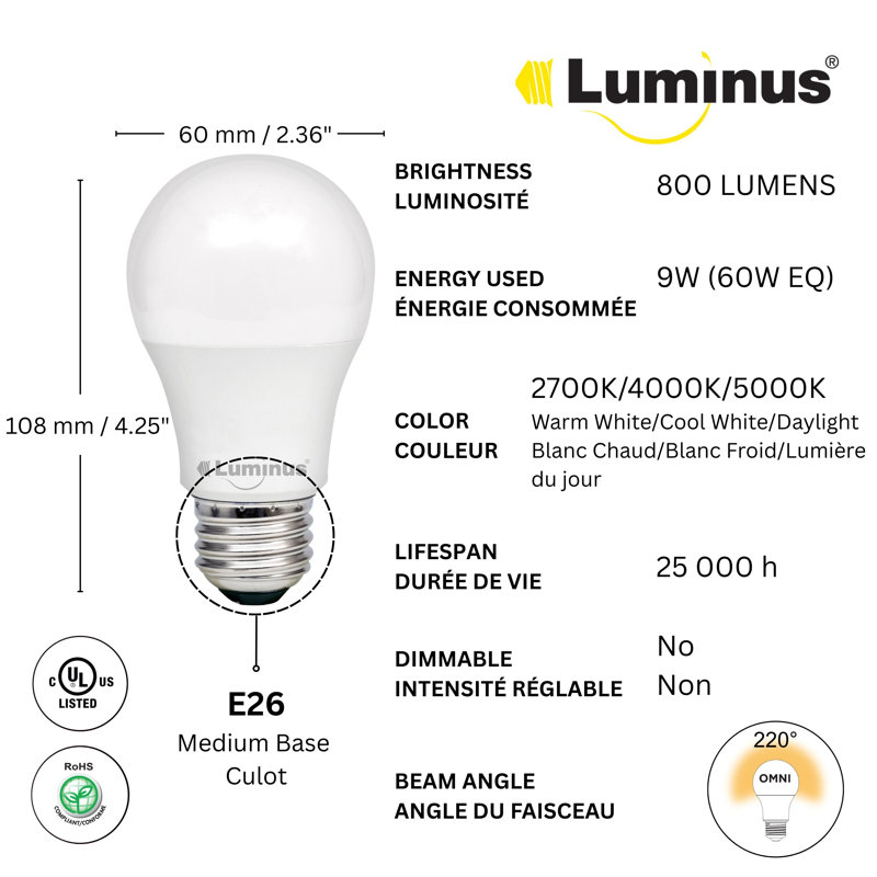 Luminus A19 60 Watt Eq. (9W) 3CCT (2700K/4000K/5000K), 25000 Hours, Set of 6