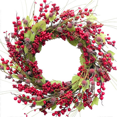 Couronne de Noël - rouge et vert - couronne de cyprès artificiel et de pin artificiel 20 po avec baies pour porte d'entrée, mur ou décor des Fêtes