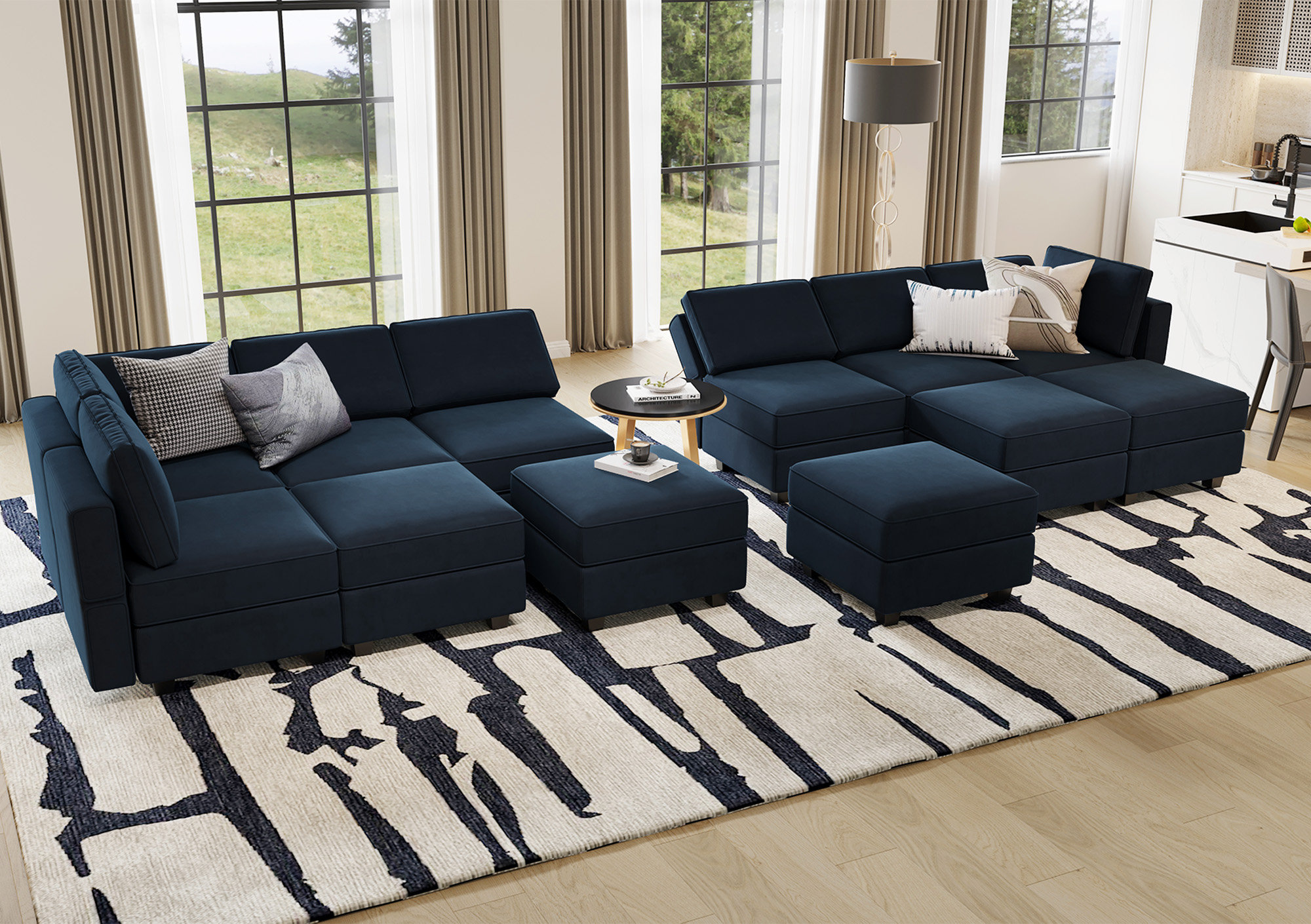 Velvet 2 Piece Sectional Sofa with Set 4 Pillows - Bed Bath