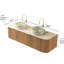 Meuble-lavabo mural de 152 cm (60 po) avec deux lavabos ronds en céramique blanche, aspect pierre frittée, fini naturel, préassemblé, dessus de toilette effet bois.