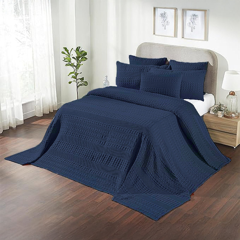 Couverture 100% coton gaufré bleu marine Waffle, Bleu, Lit simple