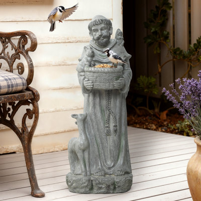Saint Francis of Assisi Garden Statue with Birdbath Bowl, MgO Outdoor Religious Sculpture with Animal Companions