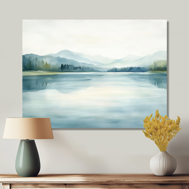 «Soft Lake Morning Reflection I - Blue Landscape», art mural encadré, H 12 po x l 20 po, Toile tendue