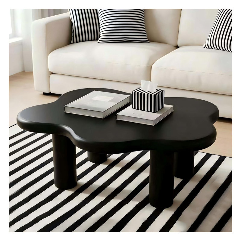 Table basse moderne en forme de nuage, table centrale irrégulière de 40 pouces avec plateau en panneau de fibres à densité moyenne noir et pieds ronds pour le salon