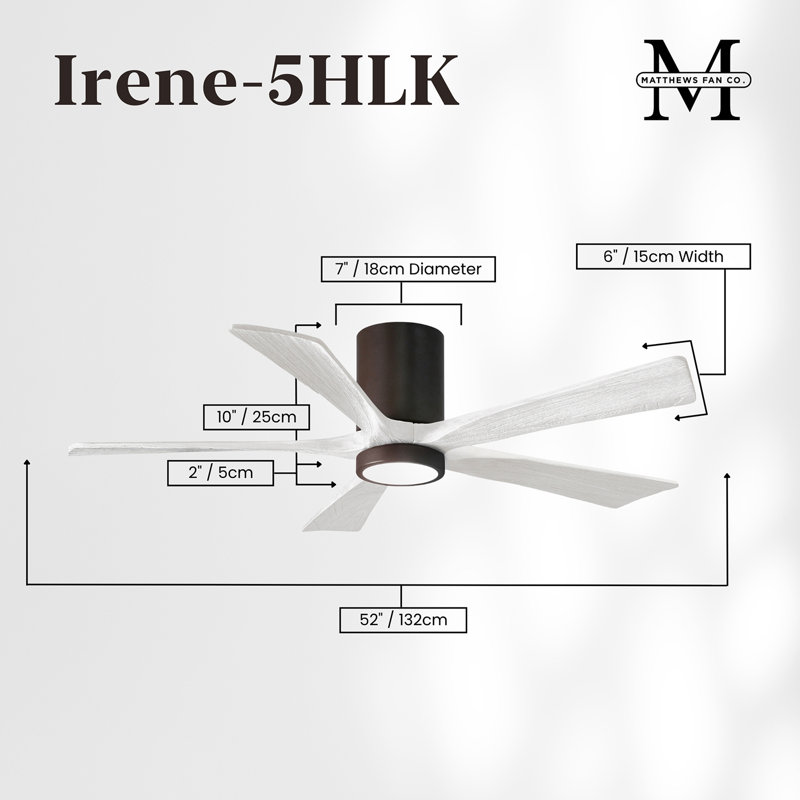 Irene Flushmount Light Kit 5 Blade LED Ceiling Fan, Textured Bronze, 52", Matte White