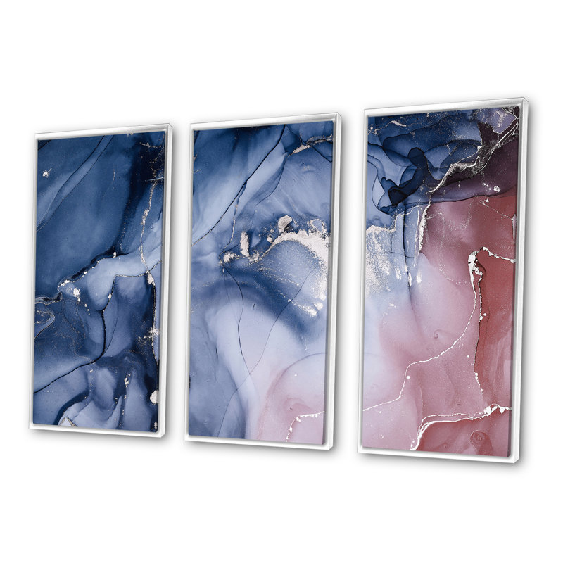 «Blue and Pink Marble Ink Clouds V», ensemble de 3 impressions sur toile à cadre flottant, H 28 po x l 36 po x P 1 po