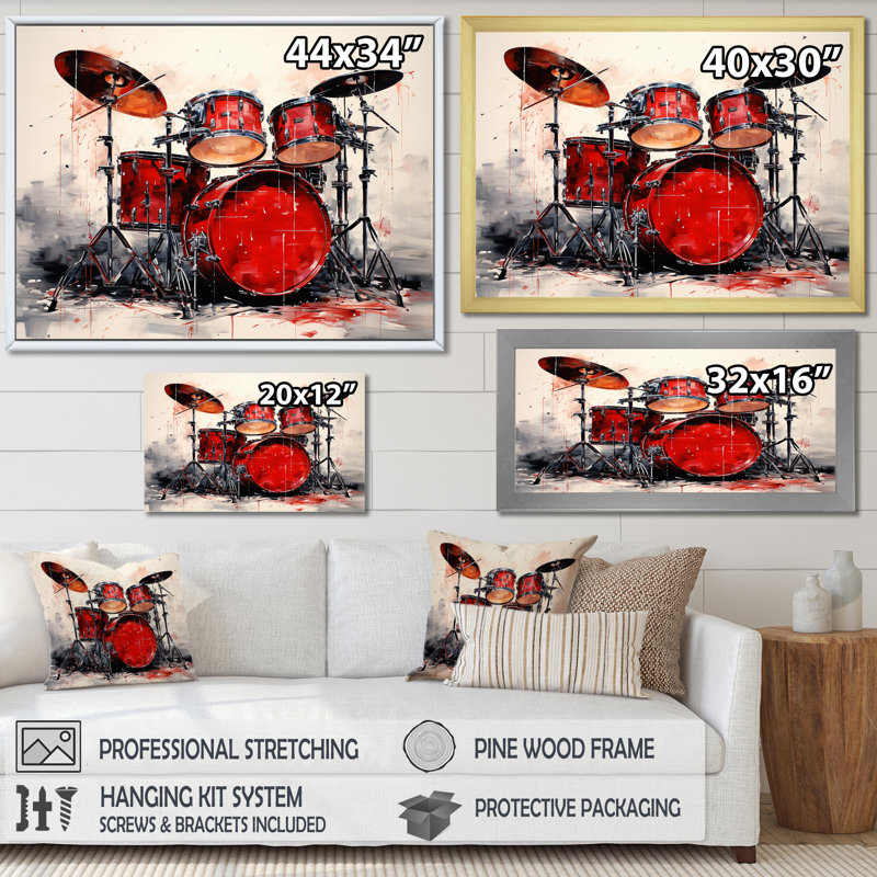 Music Drums Pulse Deep Red I - Impressions sur toile, H 12 po x l 20 po x P 1 po, Cadre doré simple