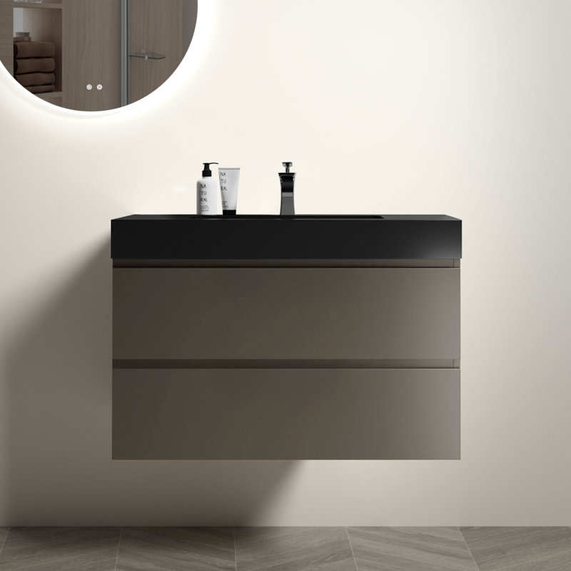 Meuble-lavabo de salle de bain flottant mural, Gris, Noir, 36"