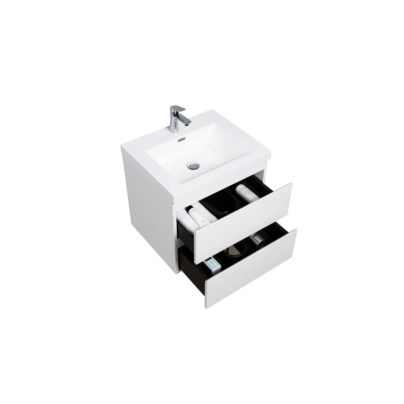 24" Glossy White Wall-Mounted Bathroom Vanity with Resin Sink