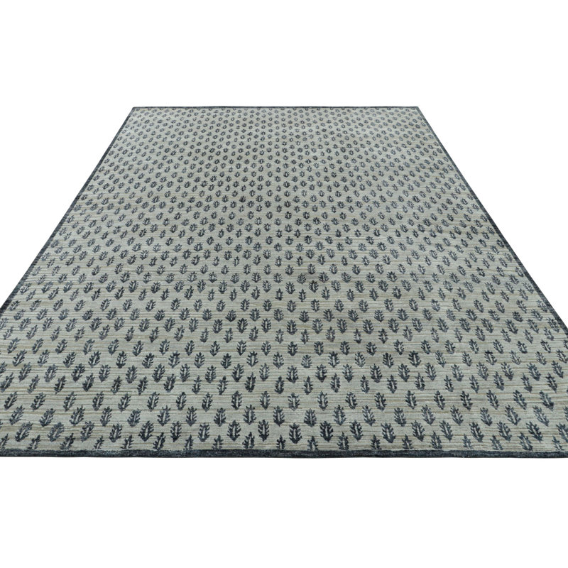 Black Print Hand Knotted Floral Area Rug, Rectangle 14' x 20'