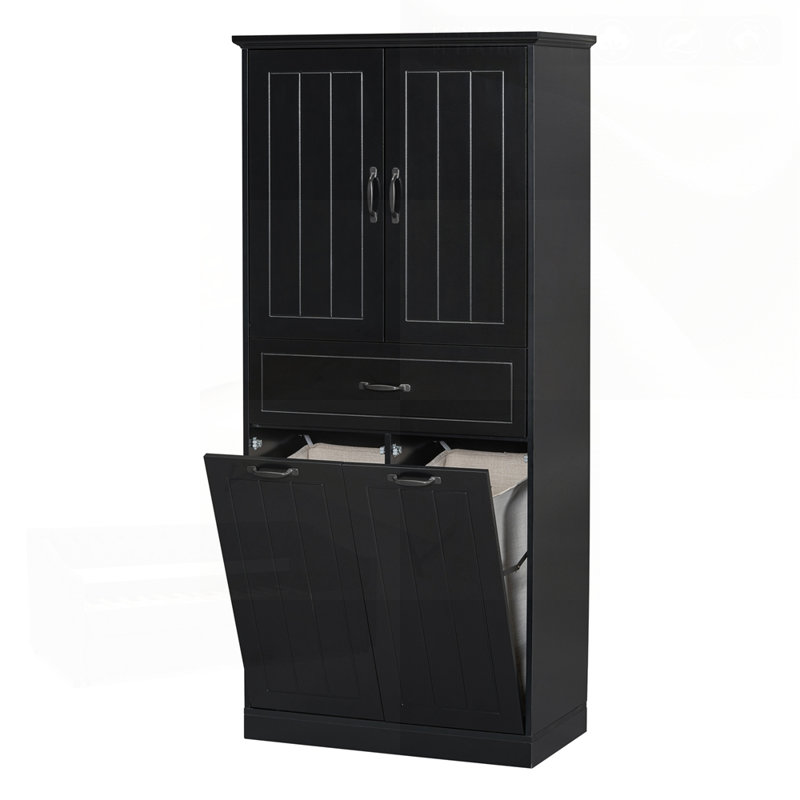 Bathroom Storage Cabinet With Two Laundry Baskets, Doors, And Drawer For Organized Home Living, Black