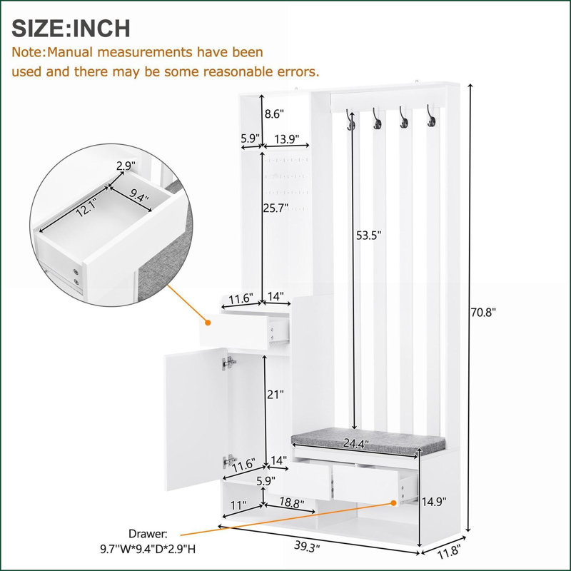 Arbre d'entrée avec banc de rangement, panneau perforé et amp; 4 crochets | Organisateur de vestibule blanc moderne | Blanc | Panneau de fibres à densité moyenne