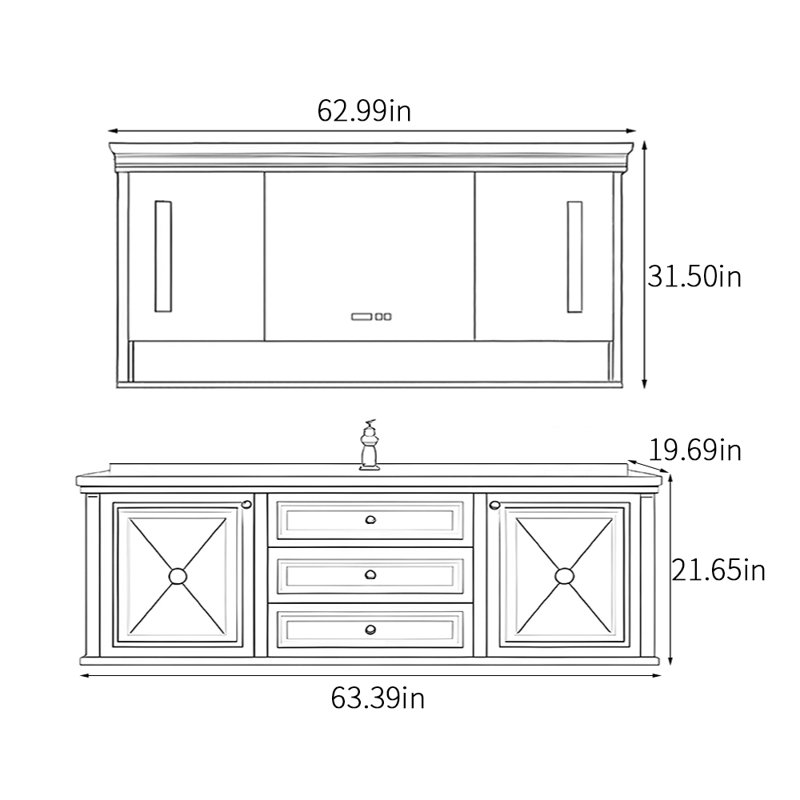 Armoire de salle de bain de style médiéval américain, Brun, H 21,65 po x l 63,39 po x P 19,69 po