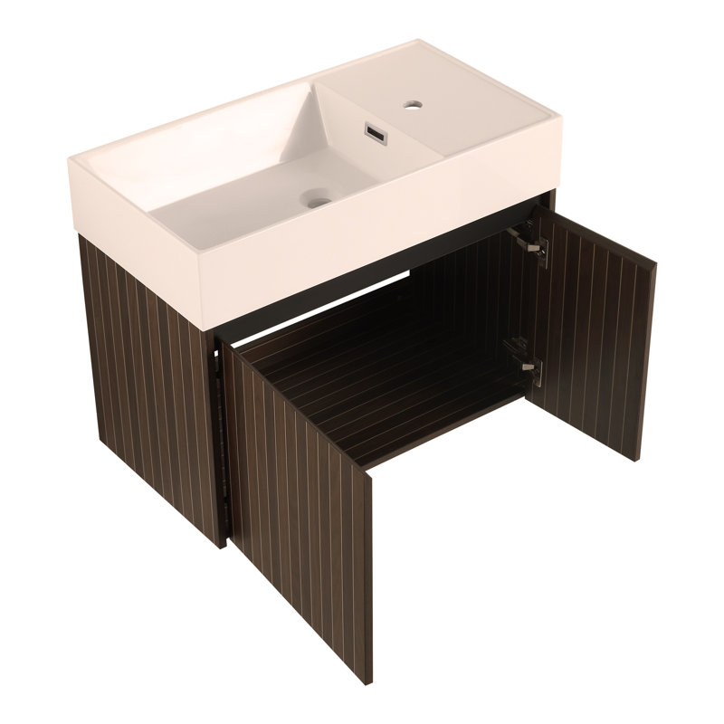 Armoire de salle de bain 30 po avec lavabo, portes, conception à fixation flottante, pour petite salle de bain, Argent/Brun
