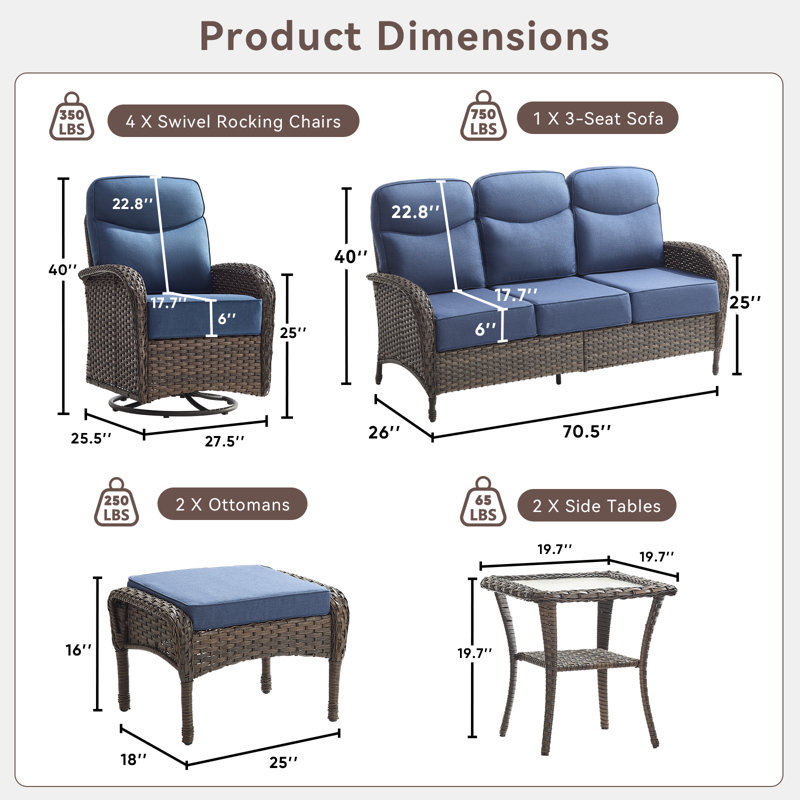 9 PCS Patio Furniture Set Outdoor Sectional Sofa Couch With Rocking Swivel Chairs 6" Deep Seat Chairs, Modern Wicker Rattan Conversation Set