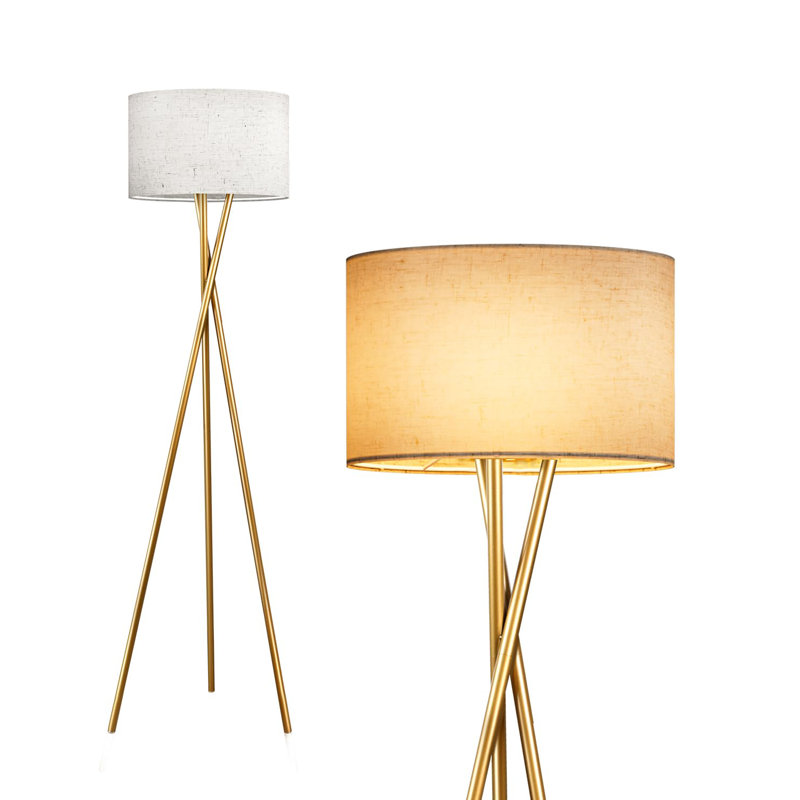 Modern Linen Gold Tripod Floor Lamp With Hidden Cord, E26 LED Bulb Included, 66" Tall For Living Room, Bedroom, Office