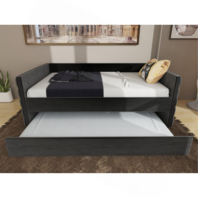 Lit de jour moderne avec lit gigogne, canapé-lit en velours noir rembourré avec accents dorés, lit d'invité peu encombrant pour chambre à coucher ou salon