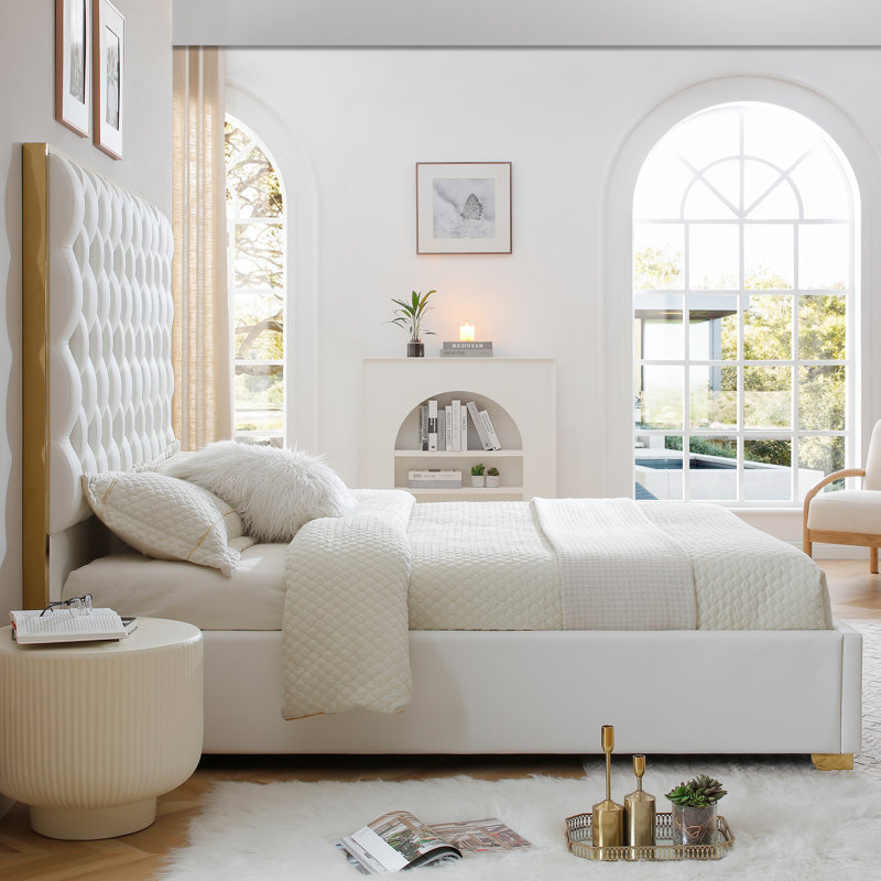 Rollie Vegan Leather Upholstered King Bed Frame In Cream, Cream, King