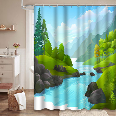 Blue River Green Forest Nature Landscape Shower Curtain with 12 Hooks