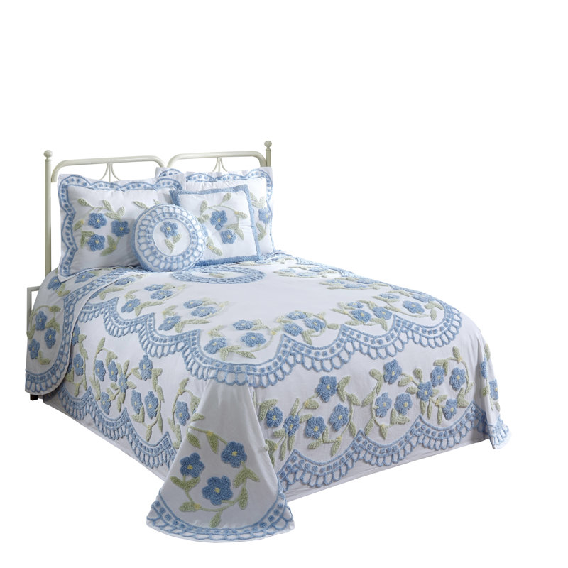 Couvre-lit en chenille 100% coton Bloomfield, lavable à la machine, literie toutes saisons à motif floral ultradouce, Bleu