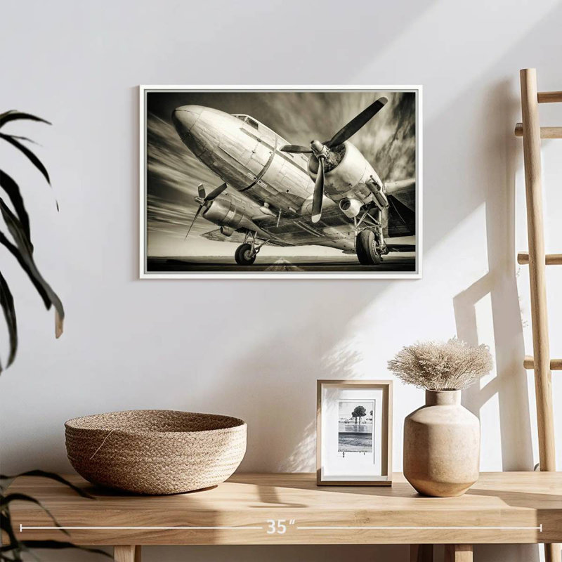 Avion rétro monochrome, Cadre flottant blanc, 19 po x 13 po