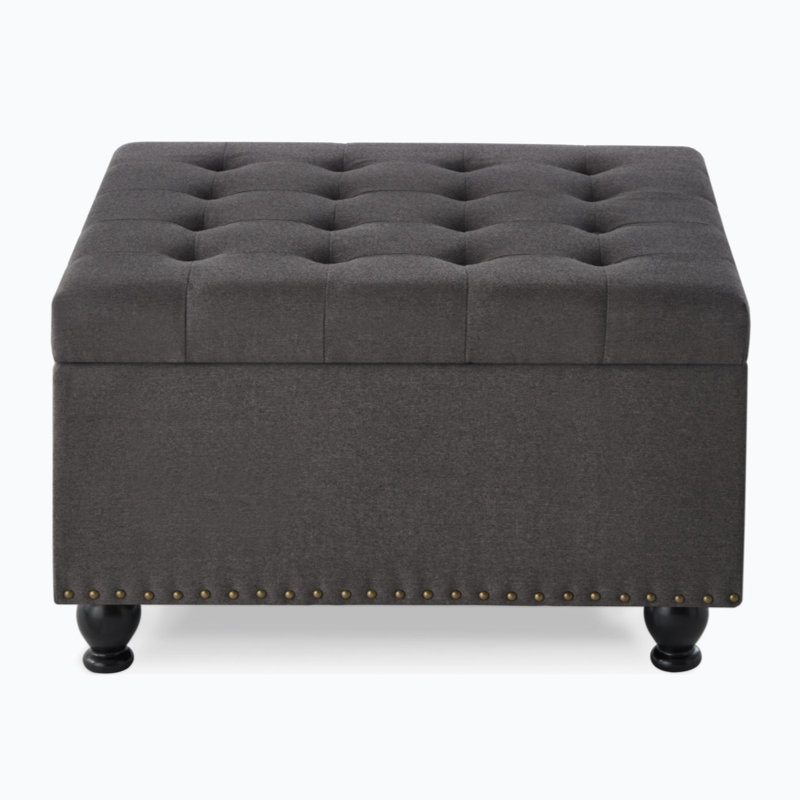 Dark Gray Tufted Linen Square Cocktail Ottoman with Wooden Legs