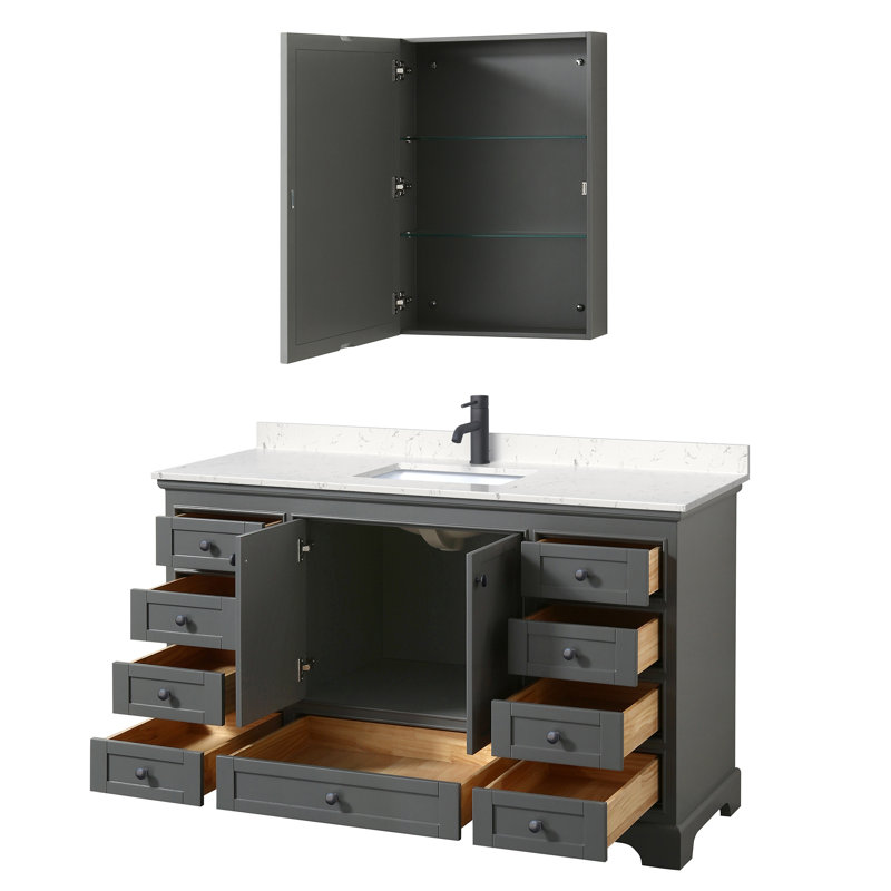 Ensemble de meuble-lavabo simple 60 "avec miroir Deborah, Marbre de culture de Carrare, Gris mat / noir mat