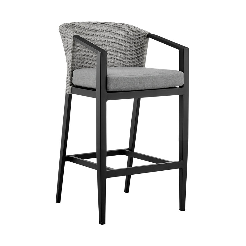 Abalone Outdoor Patio Barstool in Aluminum and Wicker with Grey Cushions, Bar Stool (30" Seat Height)